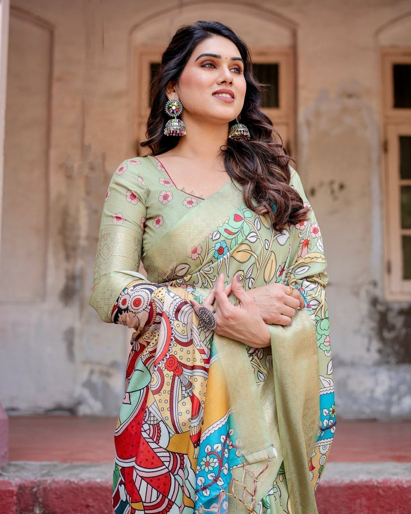 Pastel Green Tussar Silk Saree with Mythological Kalamkari Pallu and Zari Border DIGITAL PRINT