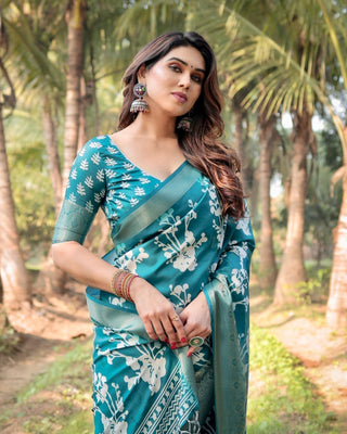 Teal Blue Tussar Silk Saree with White Floral Design, Gold Zari Border & Tassel Pallu DIGITAL PRINT