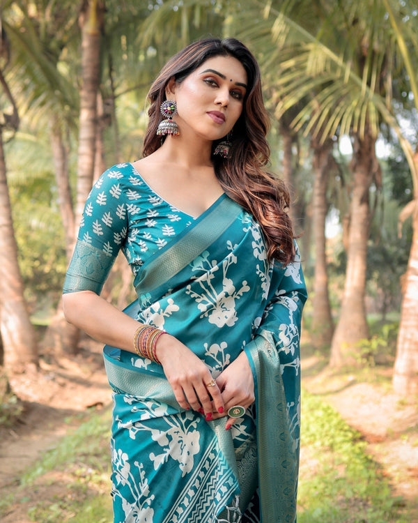 Teal Blue Tussar Silk Saree with White Floral Design, Gold Zari Border & Tassel Pallu DIGITAL PRINT