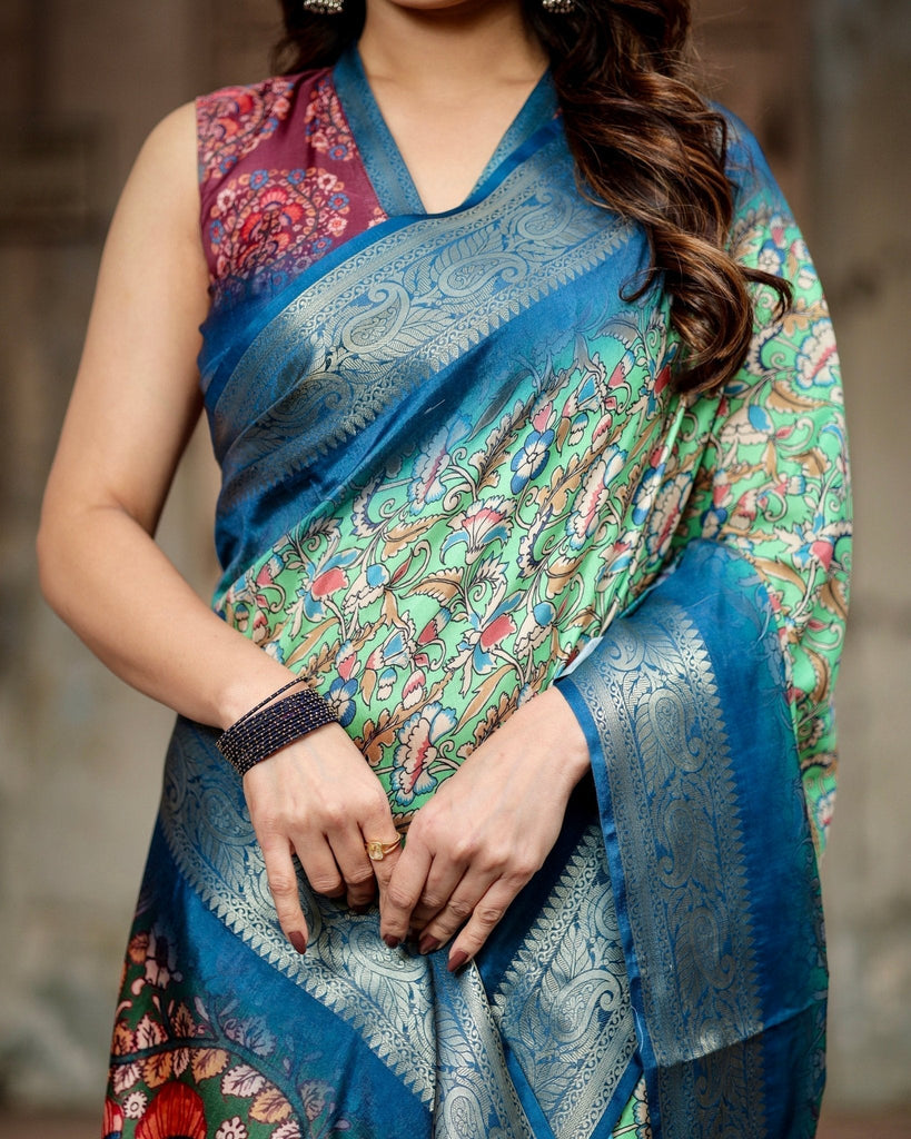 Majestic Blue and Green Digital Print Saree with Intricate Floral Motifs and Contrasting Pallu DIGITAL PRINT