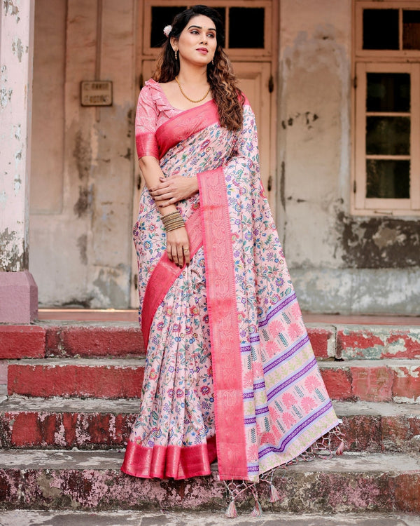 Blush Pink Tussar Silk Saree with Multicolor Floral Design and Zari Paisley Border DIGITAL PRINT