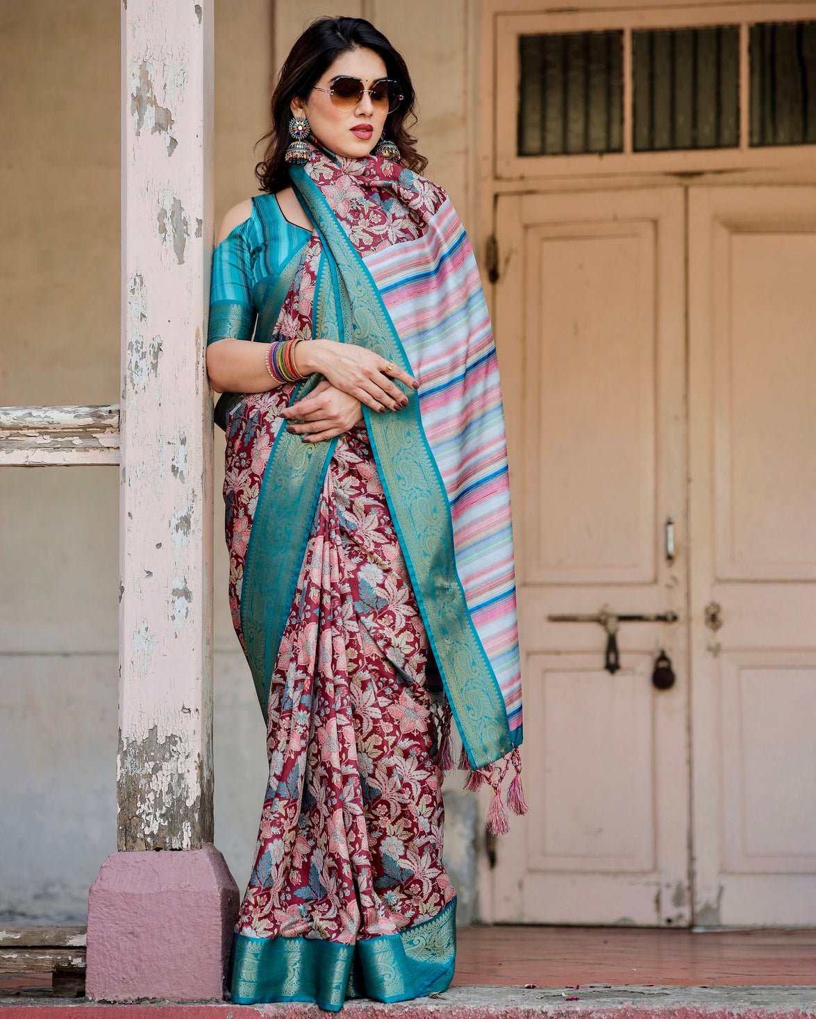 Maroon and Teal Tussar Silk Saree with Floral Zari Weave and Striped Pallu DIGITAL PRINT Main image