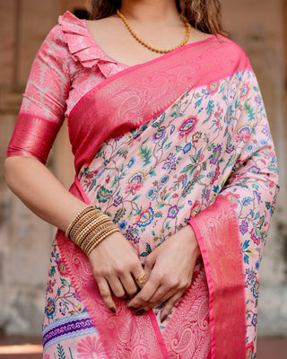 Blush Pink Tussar Silk Saree with Multicolor Floral Design and Zari Paisley Border DIGITAL PRINT