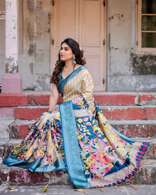 Beige & Teal Tussar Silk Saree with Intricate Kalamkari and Zari Border DIGITAL PRINT