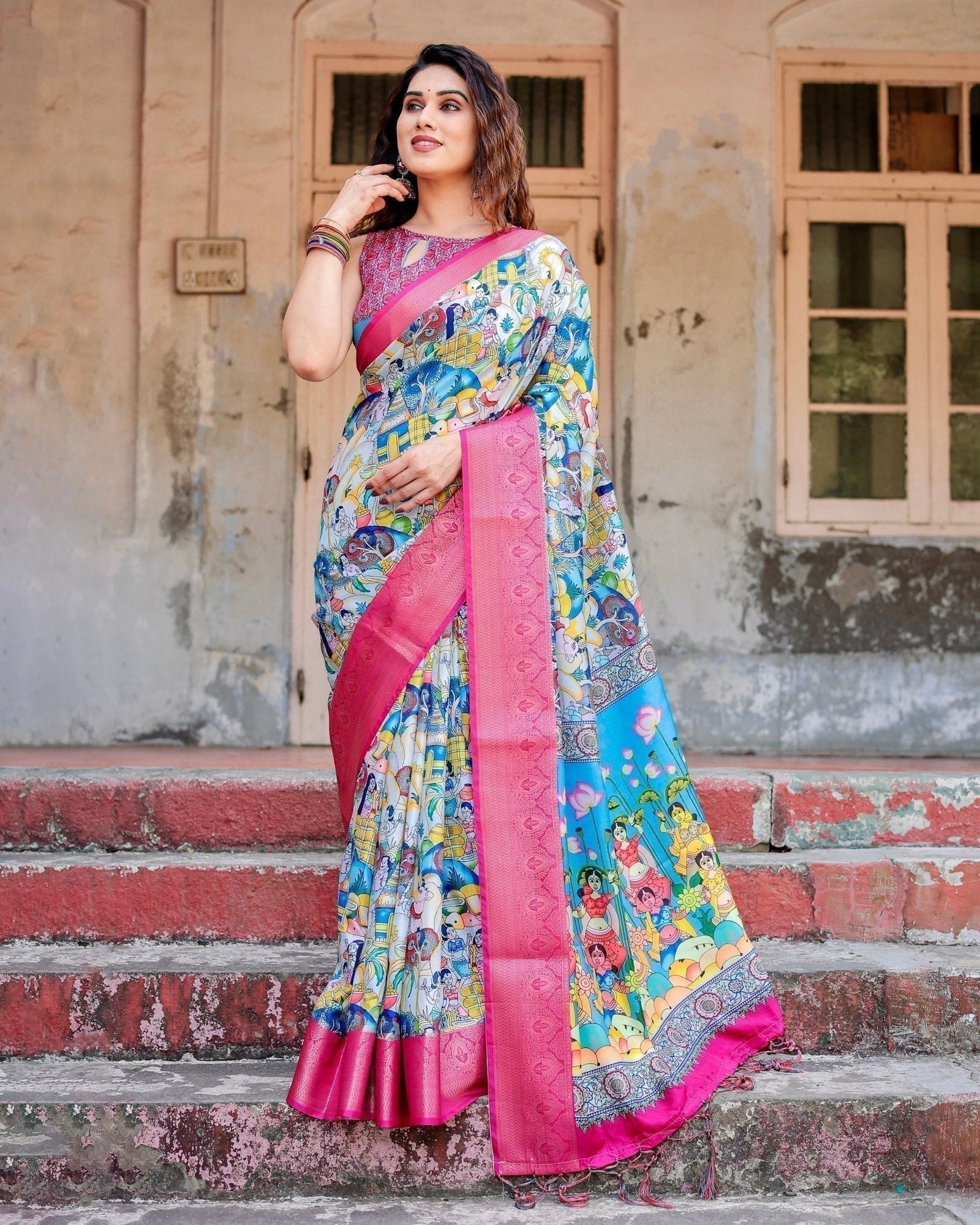 Vibrant Multicolor Digital Printed Tussar Silk Saree with Pink Zari Border DIGITAL PRINT