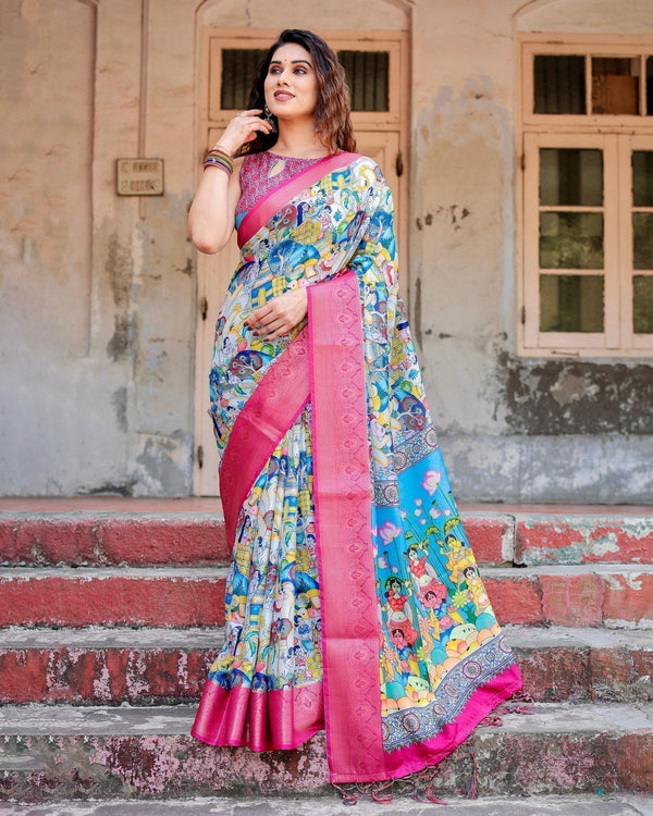 Vibrant Multicolor Digital Printed Tussar Silk Saree with Pink Zari Border DIGITAL PRINT