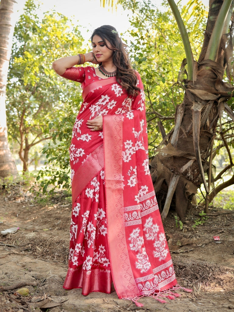 Graceful Red Tussar Silk Saree with White Floral Design and Zari Border DIGITAL PRINT