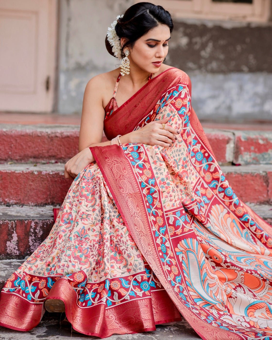 Beige and Coral Tussar Silk Saree with Intricate Floral Prints and Artistic Pallu DIGITAL PRINT