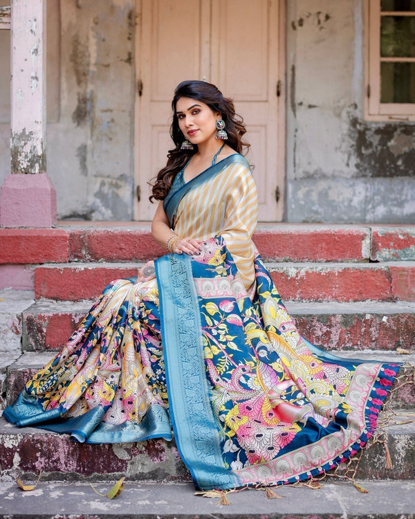 Beige & Teal Tussar Silk Saree with Intricate Kalamkari and Zari Border DIGITAL PRINT