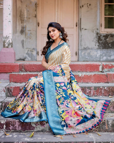 Beige & Teal Tussar Silk Saree with Intricate Kalamkari and Zari Border DIGITAL PRINT