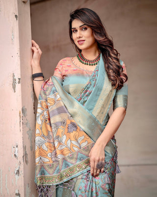 Sky Blue Tussar Silk Saree with Intricate Zari Border and Artistic Pallu Design DIGITAL PRINT