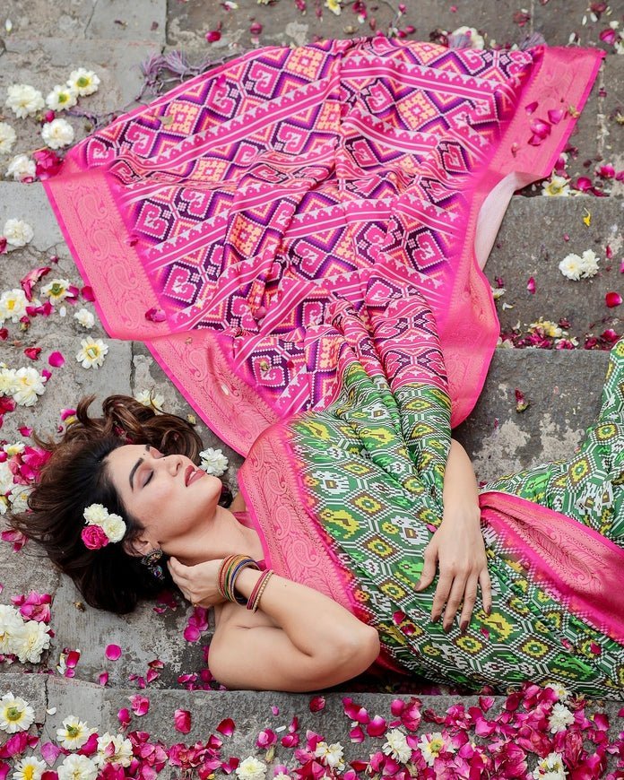 Green and Pink Tussar Silk Saree with Vibrant Ikat Patterns and Zari Border DIGITAL PRINT