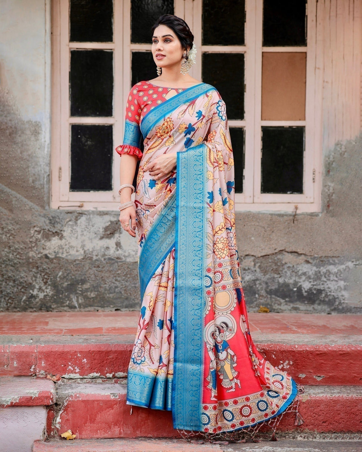 Beige and Red Tussar Silk Saree with Divine Motifs and Floral Zari Border DIGITAL PRINT Main image