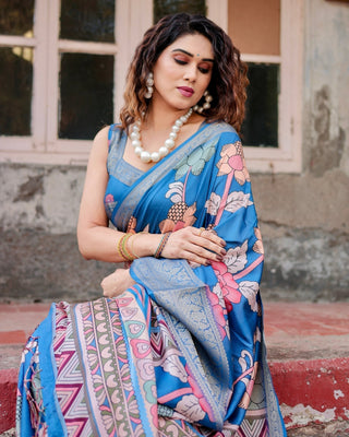 Sky Blue Tussar Silk Saree with Bold Floral Motifs and Chevron Pallu Design DIGITAL PRINT