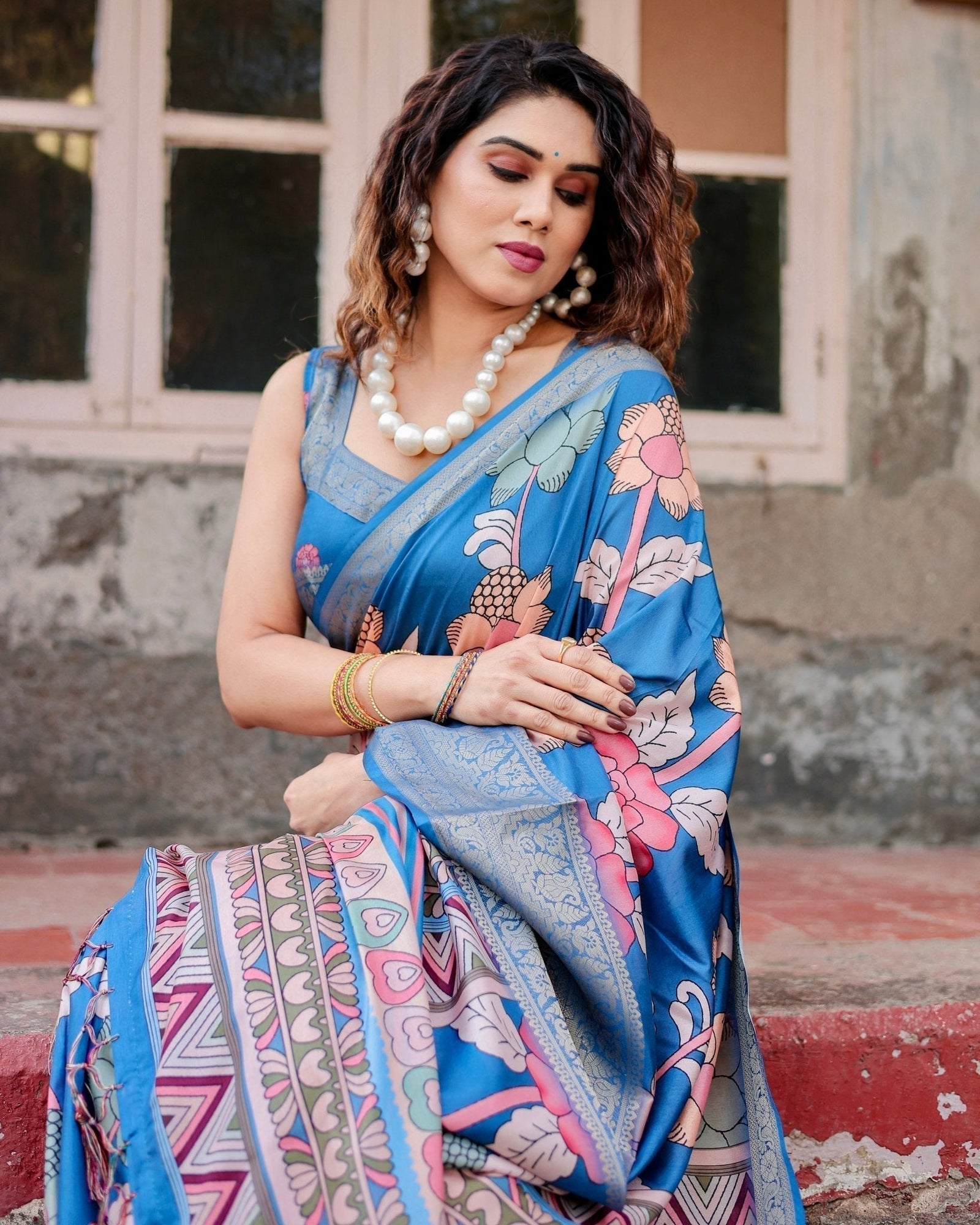 Sky Blue Tussar Silk Saree with Bold Floral Motifs and Chevron Pallu Design DIGITAL PRINT