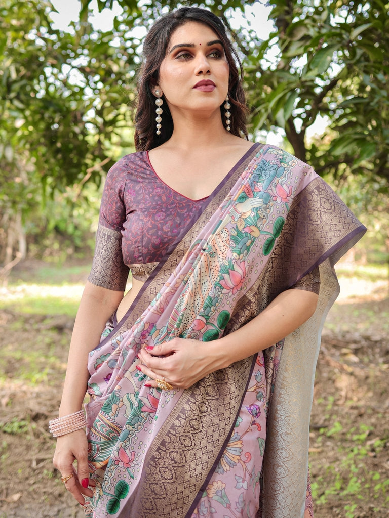 Lilac and Purple Digital Print Tussar Silk Saree with Zari Diamond Border and Lotus Motif Pallu DIGITAL PRINT
