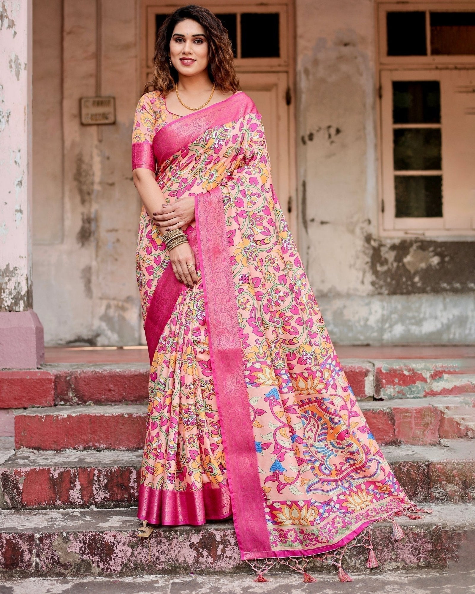 Peach and Fuchsia Floral Digital Print Tussar Silk Saree with Zari Border and Paisley Pallu DIGITAL PRINT