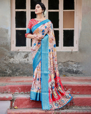 Beige and Red Tussar Silk Saree with Divine Motifs and Floral Zari Border DIGITAL PRINT