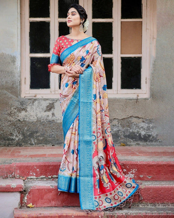 Beige and Red Tussar Silk Saree with Divine Motifs and Floral Zari Border DIGITAL PRINT