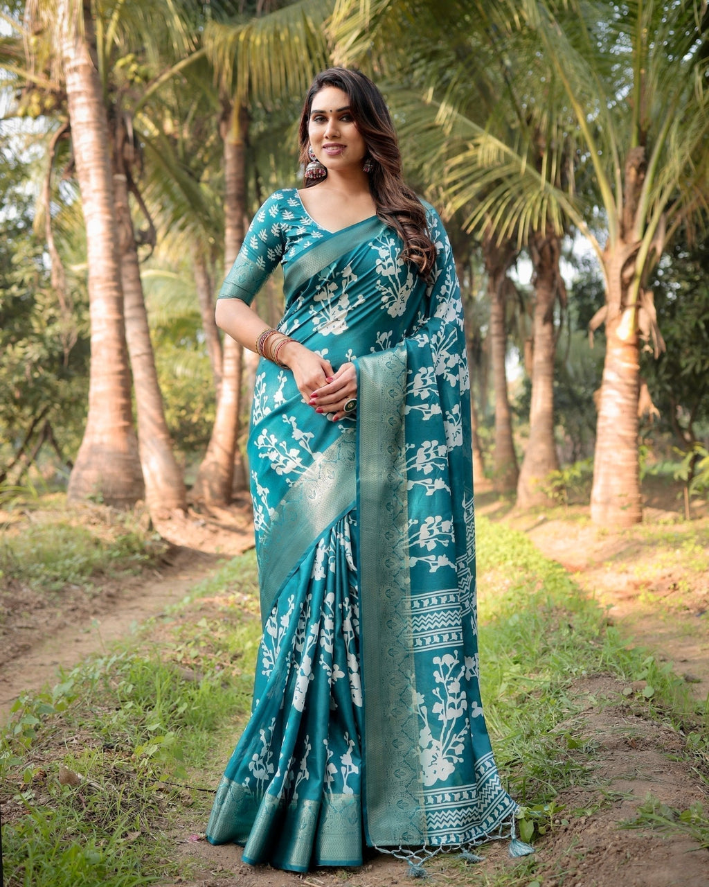 Teal Blue Tussar Silk Saree with White Floral Design, Gold Zari Border & Tassel Pallu DIGITAL PRINT