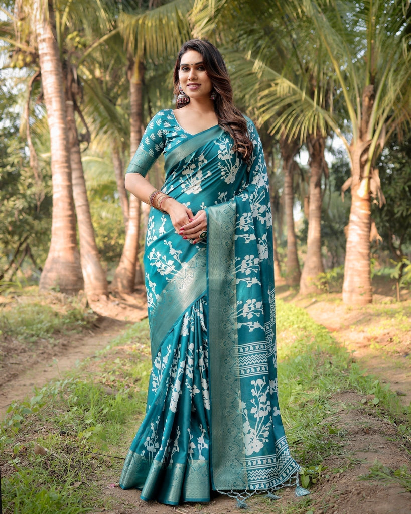 Teal Blue Tussar Silk Saree with White Floral Design, Gold Zari Border & Tassel Pallu DIGITAL PRINT