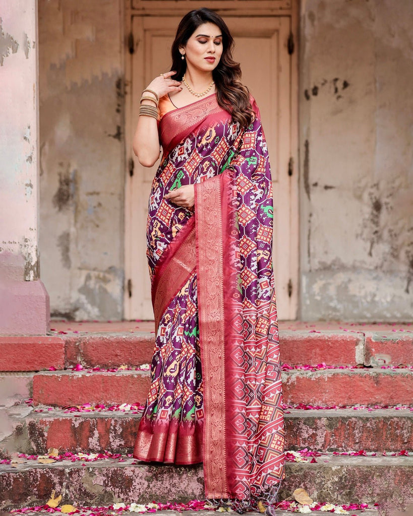 Wine Purple Tussar Silk Saree with Ikat-Inspired Patterns and Rich Zari Border DIGITAL PRINT