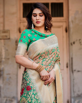 Emerald Green and Gold Tussar Silk Saree with Floral and Ornamental Motifs DIGITAL PRINT