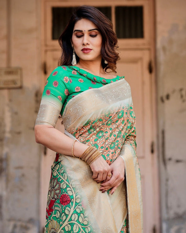 Emerald Green and Gold Tussar Silk Saree with Floral and Ornamental Motifs DIGITAL PRINT