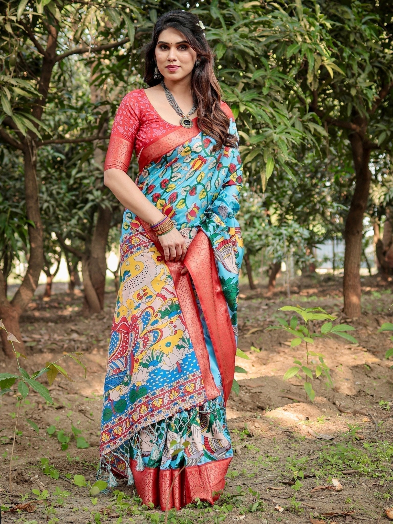 Aqua Blue Tussar Silk Saree with Vibrant Nature-Inspired Prints and Red Zari Border DIGITAL PRINT