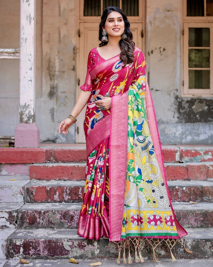 Magenta Tussar Silk Saree with Artistic Peacock & Floral Kalamkari Design DIGITAL PRINT