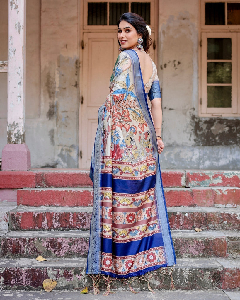 Multicolor Tussar Silk Saree with Artistic Floral Motifs and Traditional Blue Zari Border DIGITAL PRINT