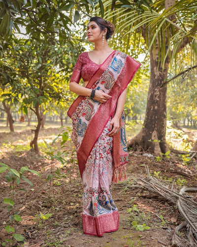 Blush Pink Digital Print Tussar Silk Saree with Zari Border and Peacock Motif Pallu DIGITAL PRINT