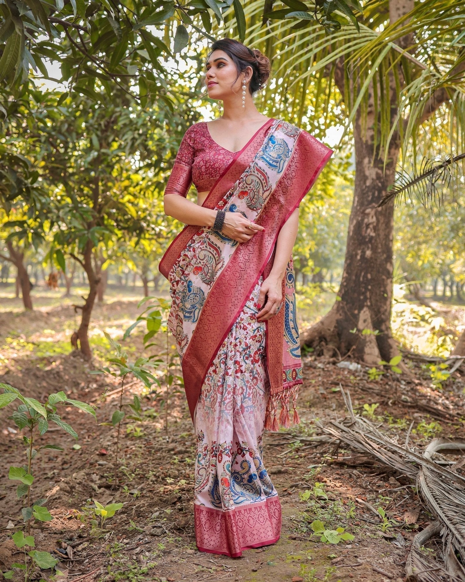 Blush Pink Digital Print Tussar Silk Saree with Zari Border and Peacock Motif Pallu DIGITAL PRINT