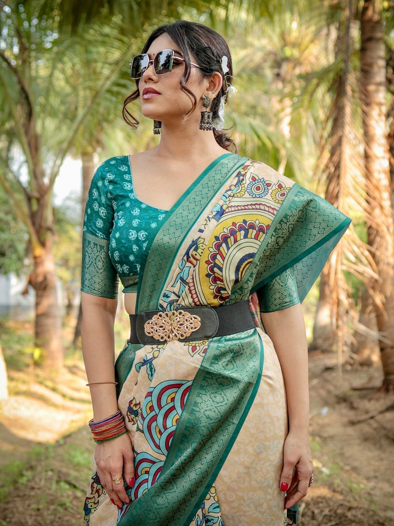 Elegant Tussar Silk Saree in Beige and Coral with Madhubani Pallu and Zari Accents DIGITAL PRINT