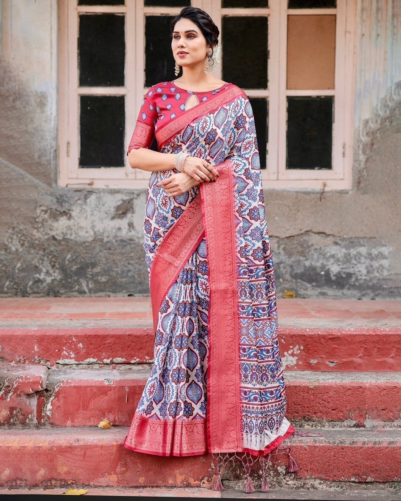 White and Red Tussar Silk Saree with Vibrant Floral Geometric Motifs and Ornamental Zari Border DIGITAL PRINT