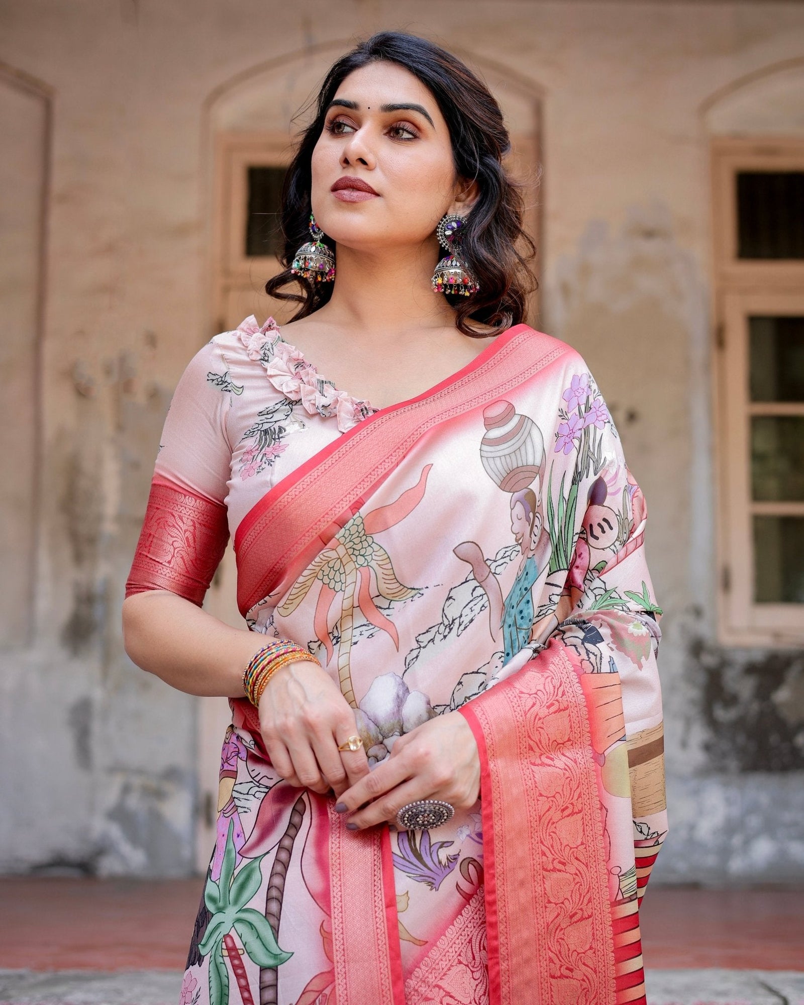 Blush Pink Digital Print Tussar Silk Saree with Vibrant Storyline Art DIGITAL PRINT