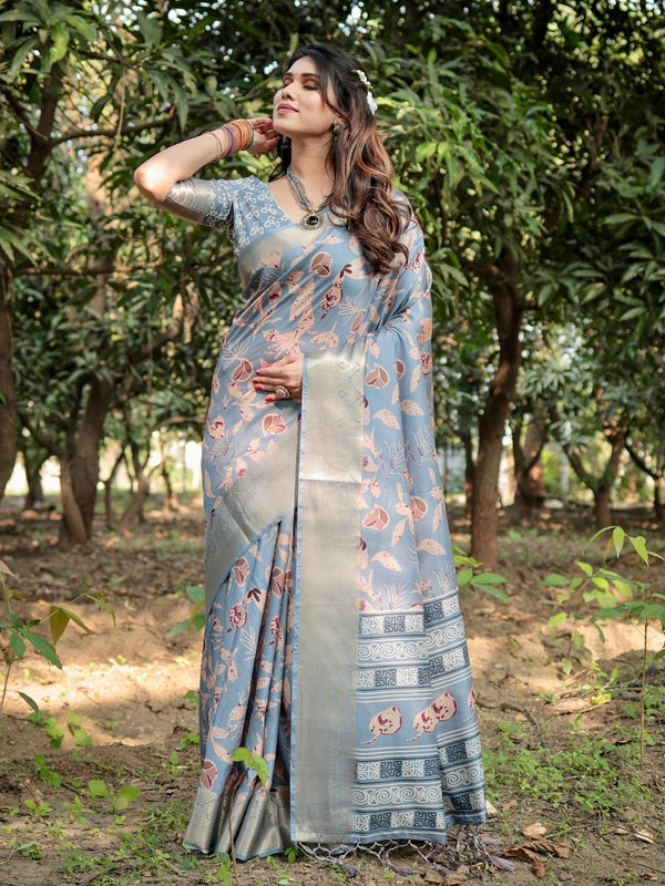 Stylish Sky Blue Tussar Silk Saree with Beige and Gold Zari Work and Contemporary Pallu Design DIGITAL PRINT