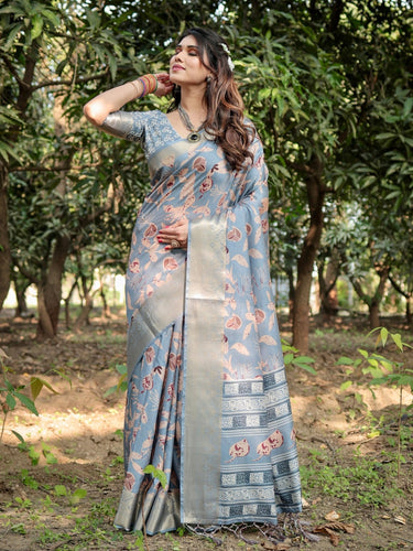 Stylish Sky Blue Tussar Silk Saree with Beige and Gold Zari Work and Contemporary Pallu Design DIGITAL PRINT