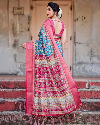 Teal Blue and Coral Tussar Silk Saree with Vibrant Floral Motifs and Ornamental Pallu DIGITAL PRINT