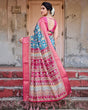 Load image into Gallery viewer, Teal Blue and Coral Tussar Silk Saree with Vibrant Floral Motifs and Ornamental Pallu DIGITAL PRINT
