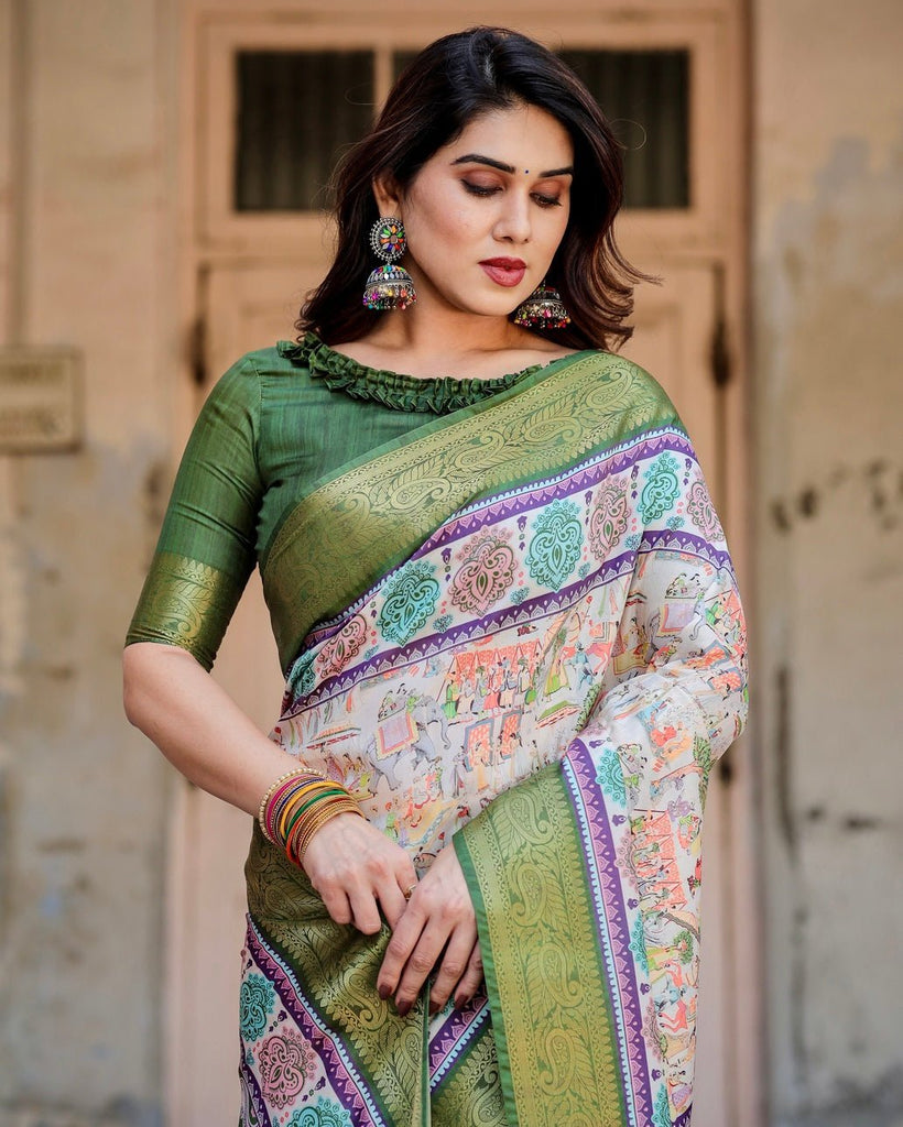 Ivory and Green Tussar Silk Saree with Elephant Motifs and Intricate Zari Border DIGITAL PRINT