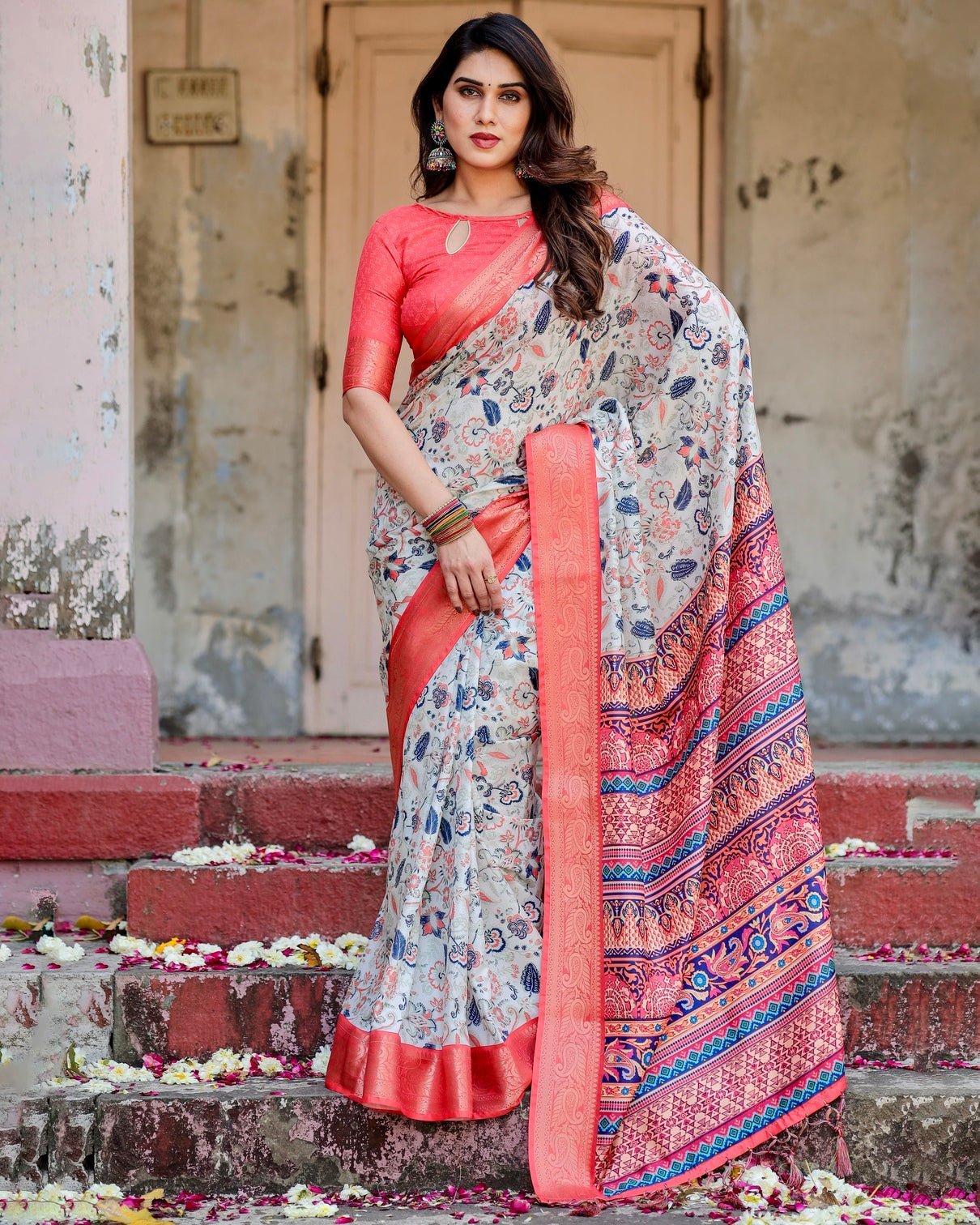 Ivory Tussar Silk Saree with Coral Zari Border and Intricate Floral Motifs DIGITAL PRINT Main image