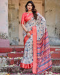 Load image into Gallery viewer, Ivory Tussar Silk Saree with Coral Zari Border and Intricate Floral Motifs DIGITAL PRINT