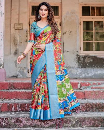 Multicolor Folk Art Inspired Digital Print Tussar Silk Saree with Sky Blue Zari Border DIGITAL PRINT