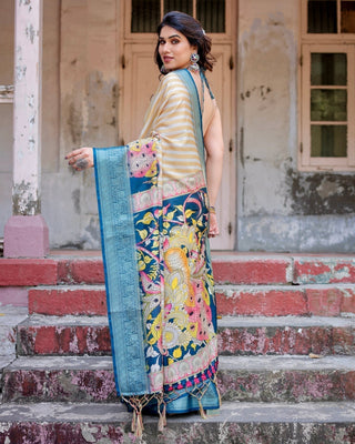 Beige & Teal Tussar Silk Saree with Intricate Kalamkari and Zari Border DIGITAL PRINT