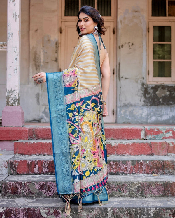 Beige & Teal Tussar Silk Saree with Intricate Kalamkari and Zari Border DIGITAL PRINT