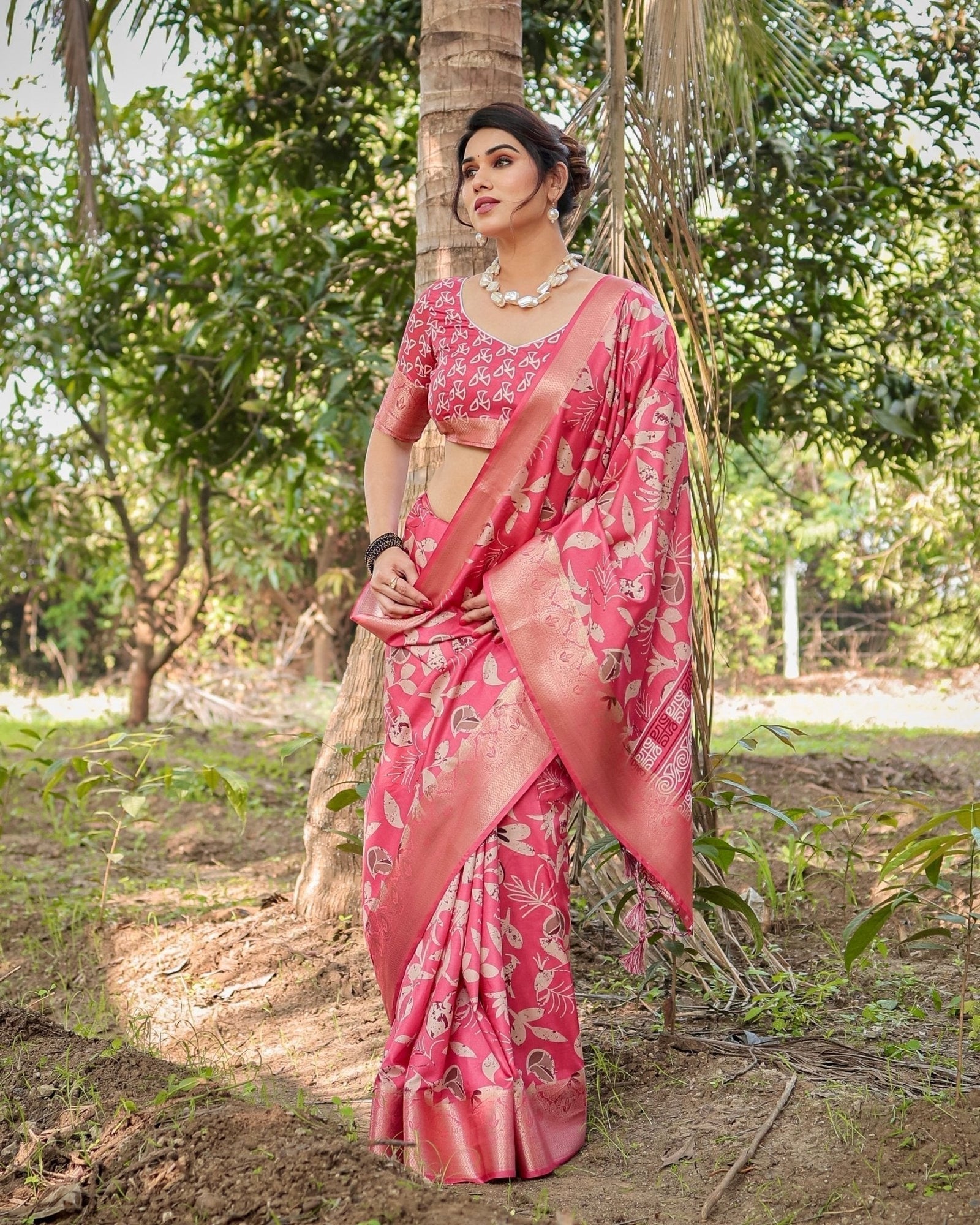 Vibrant Pink Tussar Silk Saree with Intricate Zari Border and Modern Floral Pallu DIGITAL PRINT