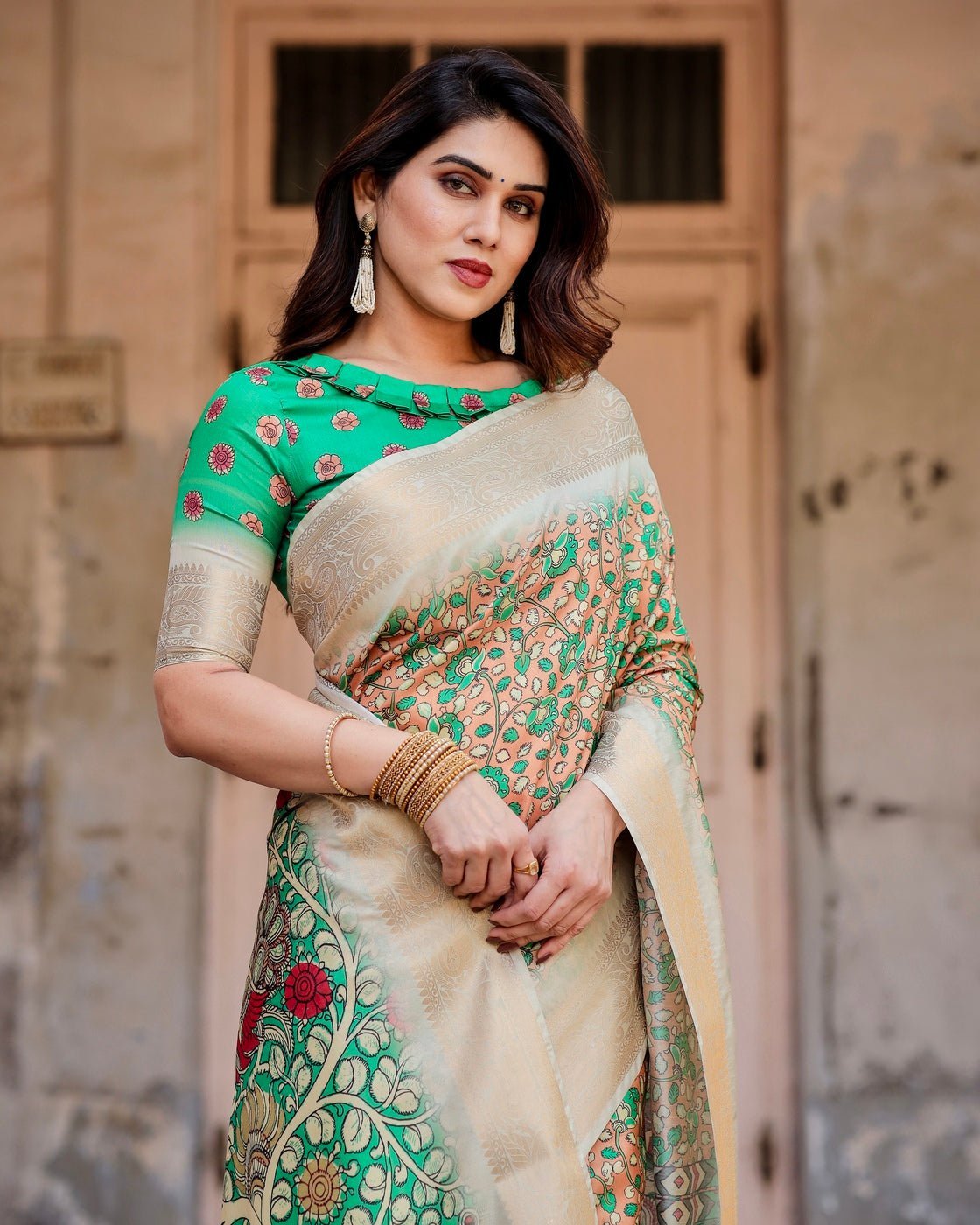 Emerald Green and Gold Tussar Silk Saree with Floral and Ornamental Motifs DIGITAL PRINT