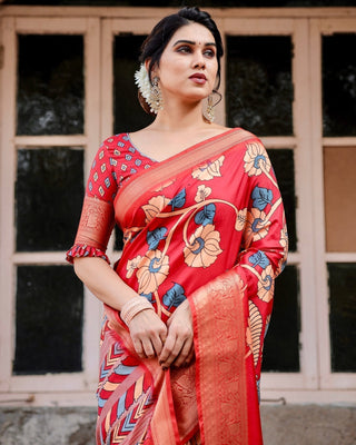 Vibrant Red Tussar Silk Saree with Bold Floral Motifs and Chevron Patterned Pallu DIGITAL PRINT