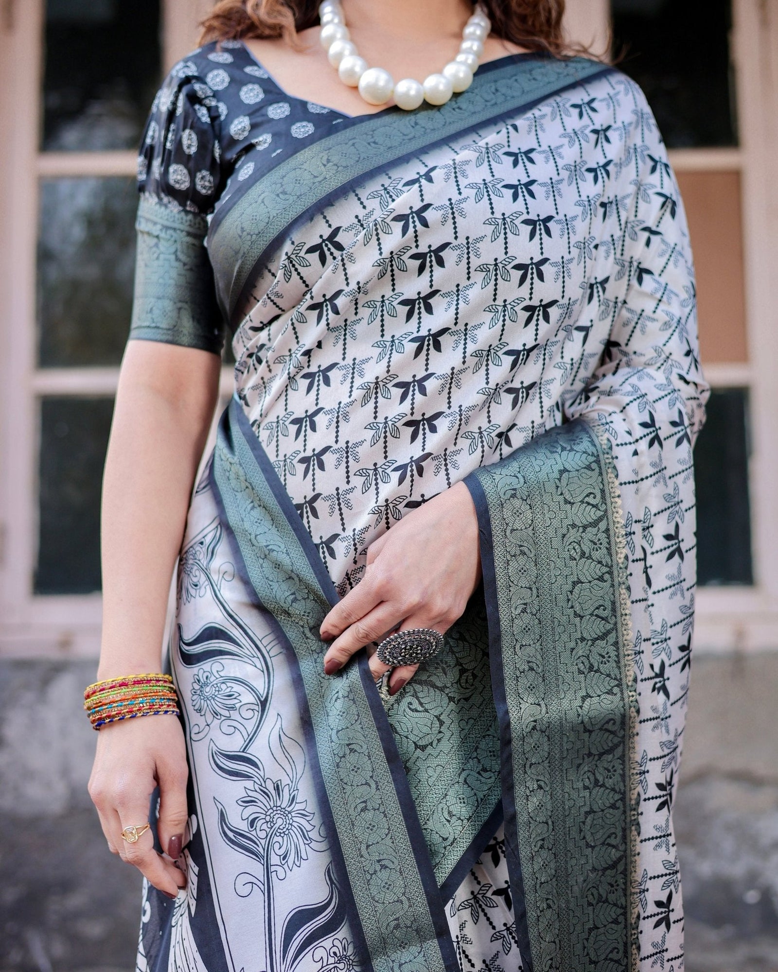 Monochrome White and Black Tussar Silk Saree with Tribal Art Motifs and Zari Border DIGITAL PRINT